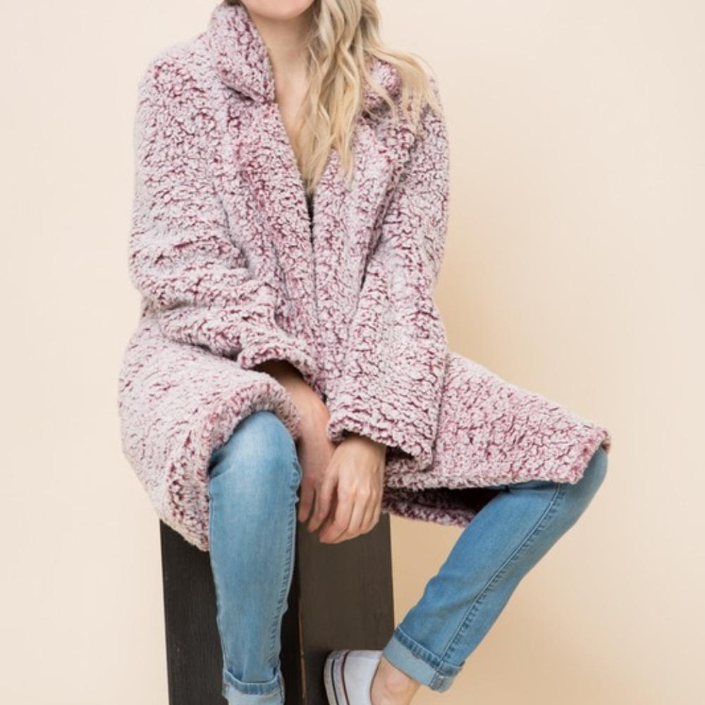 *ONLY 1 LEFT*  2-toned Super Soft Sherpa Coat-Wine - Picture 5 of 7